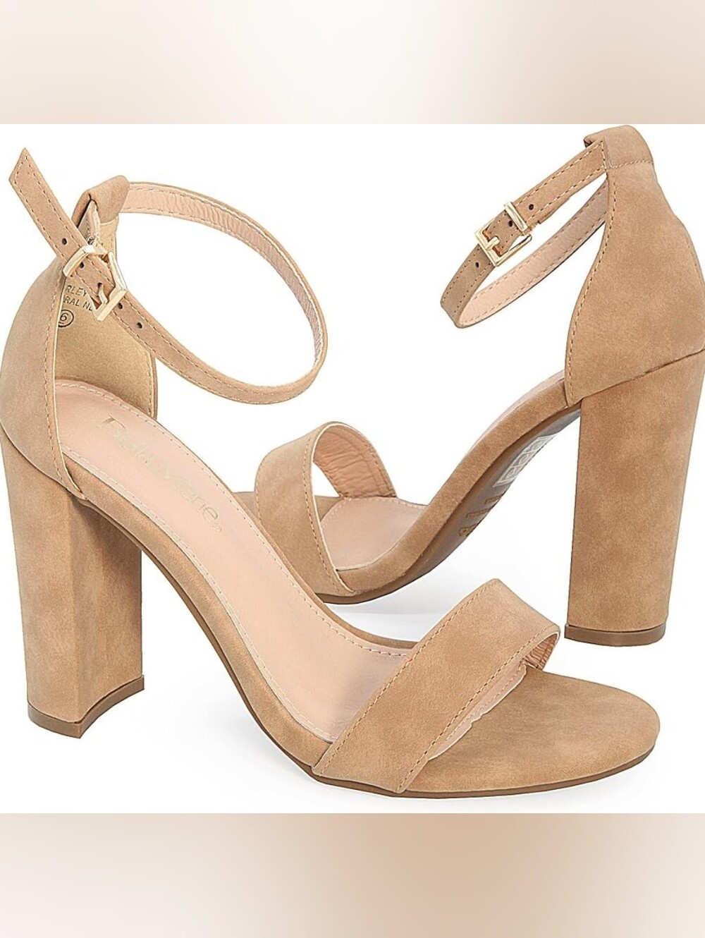 Bella Marie Shirley Taupe Suede Ankle-Strap Block Heels, Sz 10